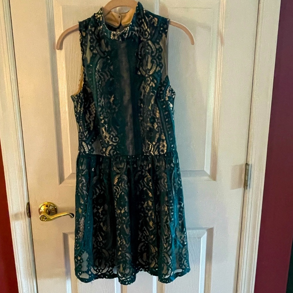 Mid length Emerald Green Lace Mock Neck Dress